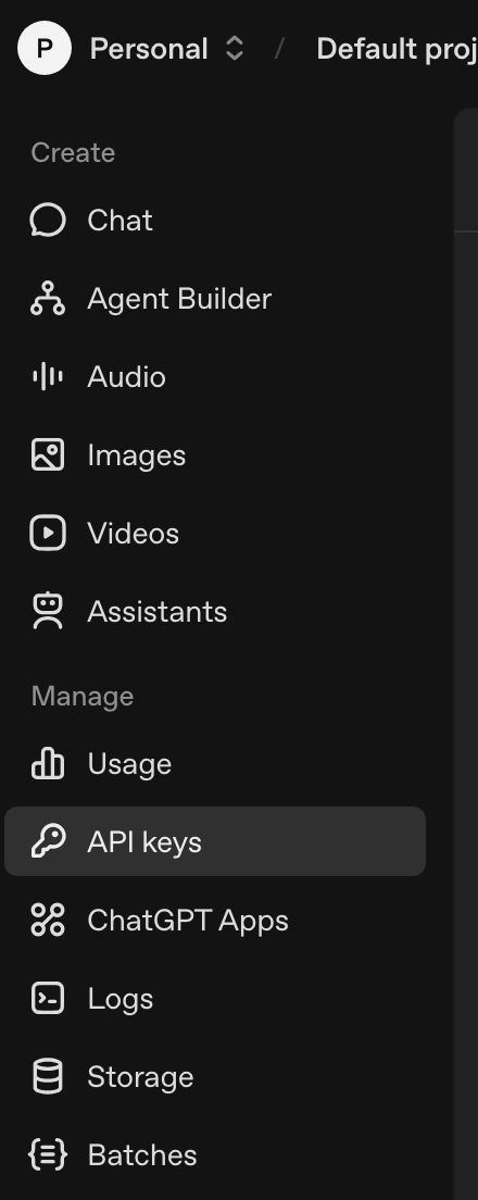 A menu in OpenAI with "API keys" selected.
