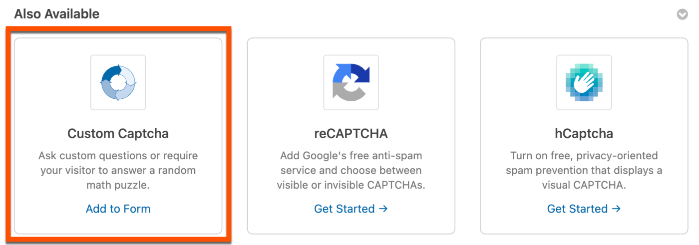 Custom CAPTCHA in the Also Available section in WPForms