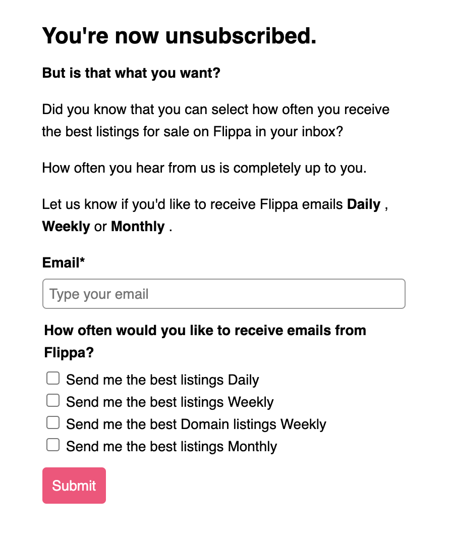 The post-unsubscribe options from Flippa