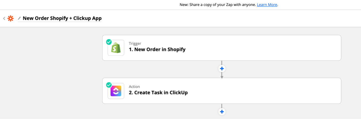 Zap set-up for "New Order Shopify + Clickup App"