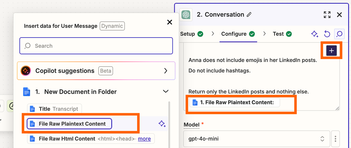 Screenshot of ChatGPT step mapping fields