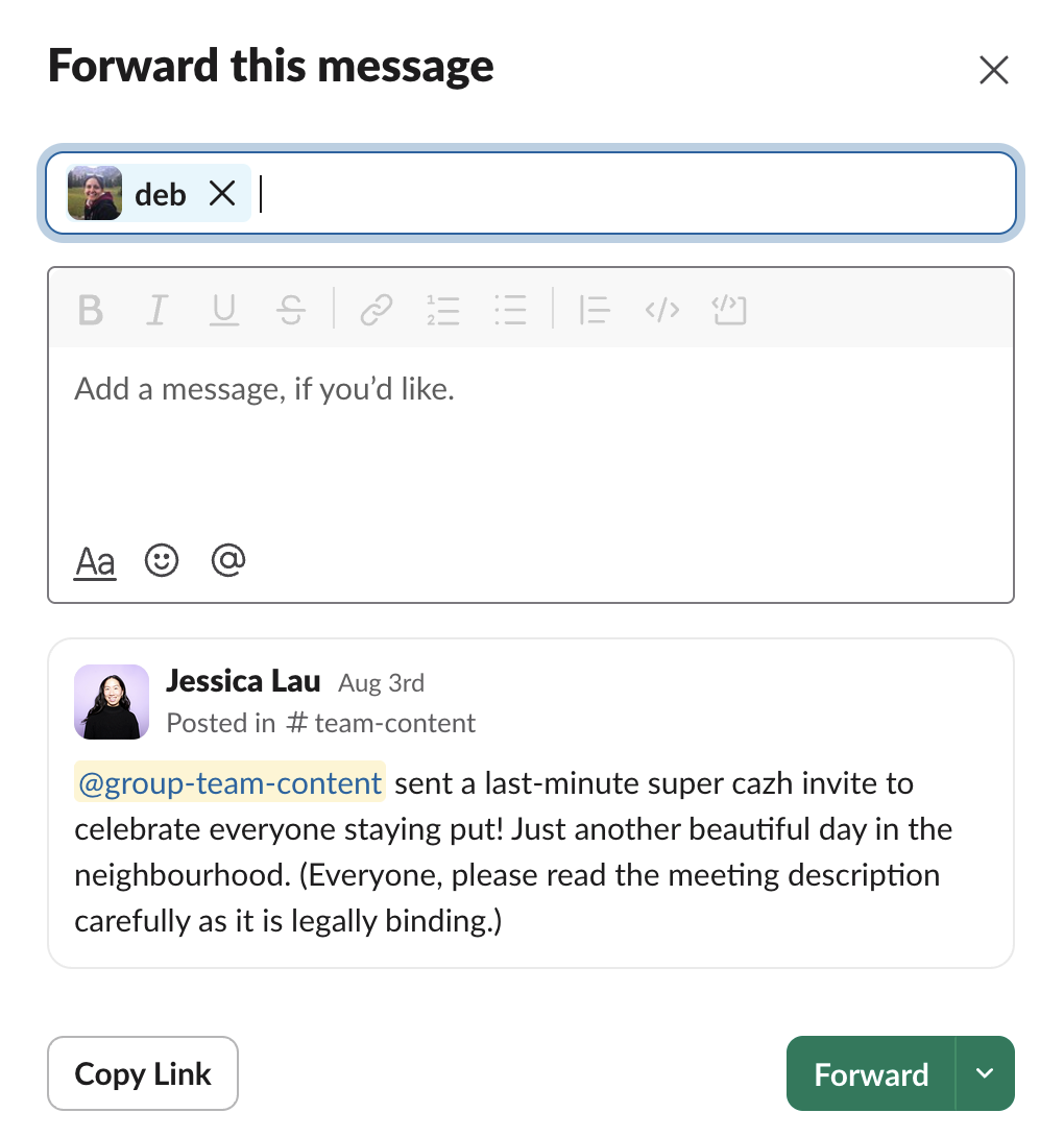 Popup to forward a Slack message.
