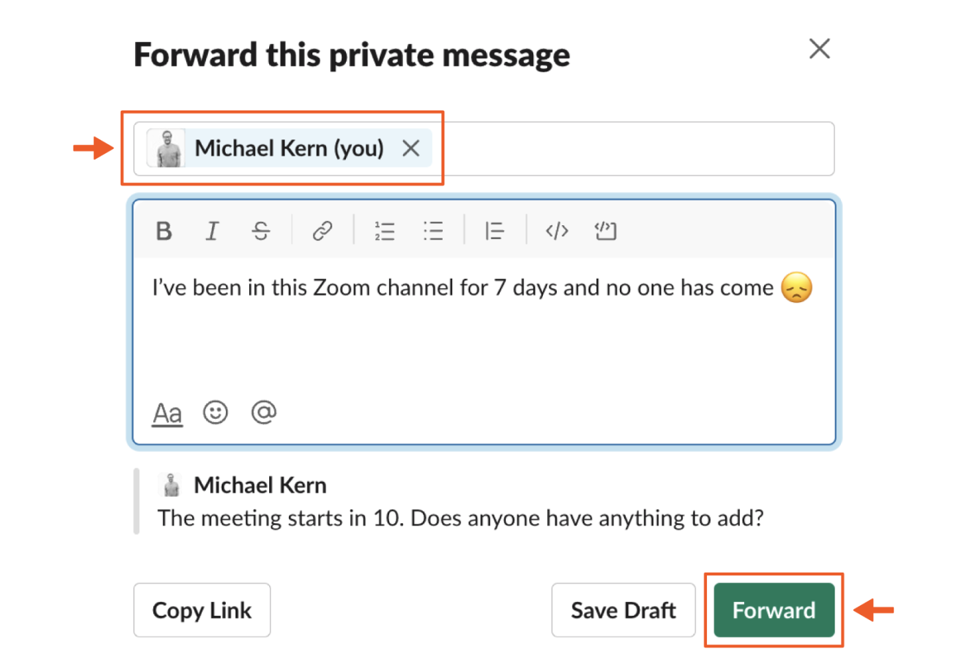 Screenshot showing how to add a person or channel on a forwarded message in Slack.