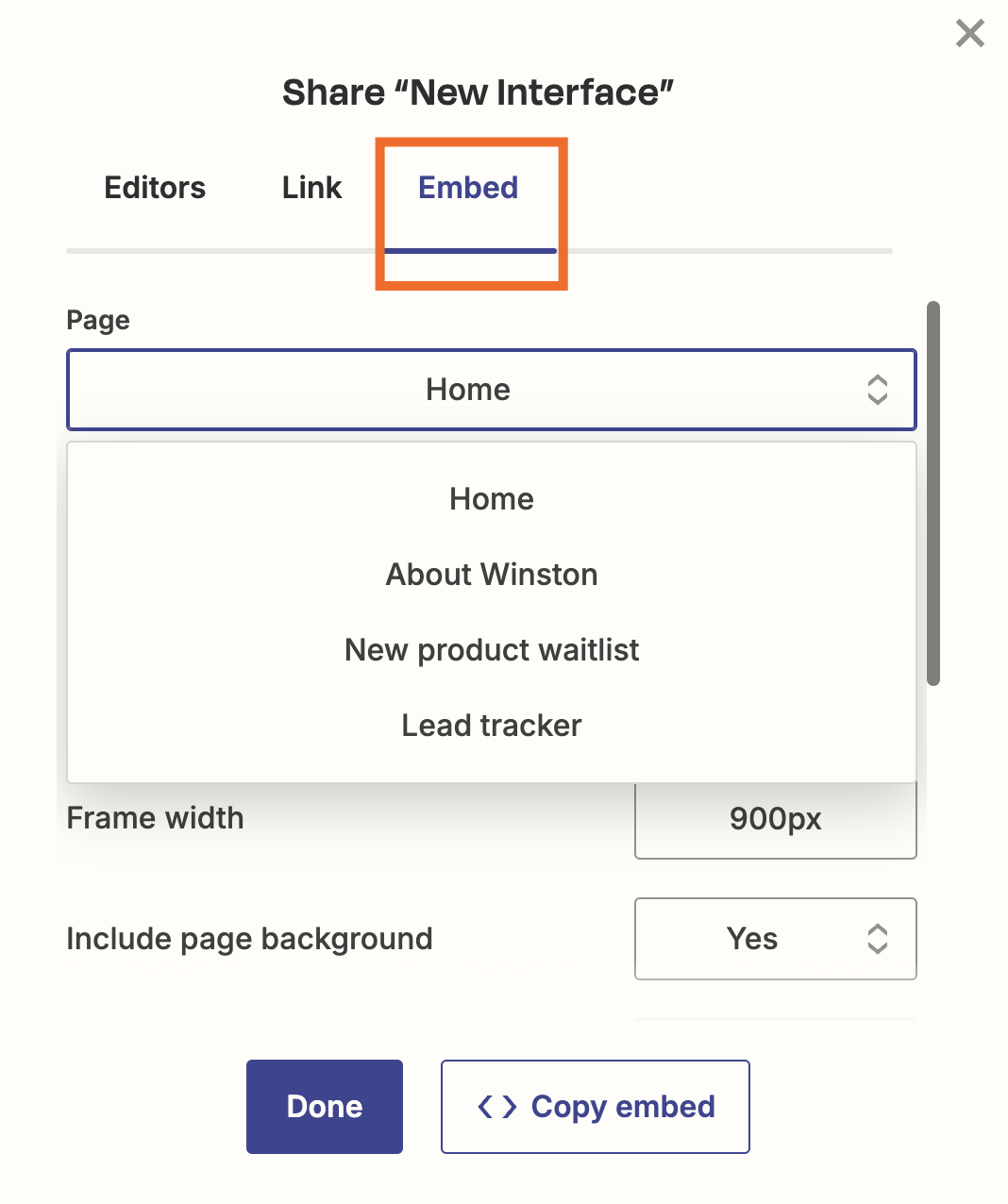 Screenshot of embed options in interface