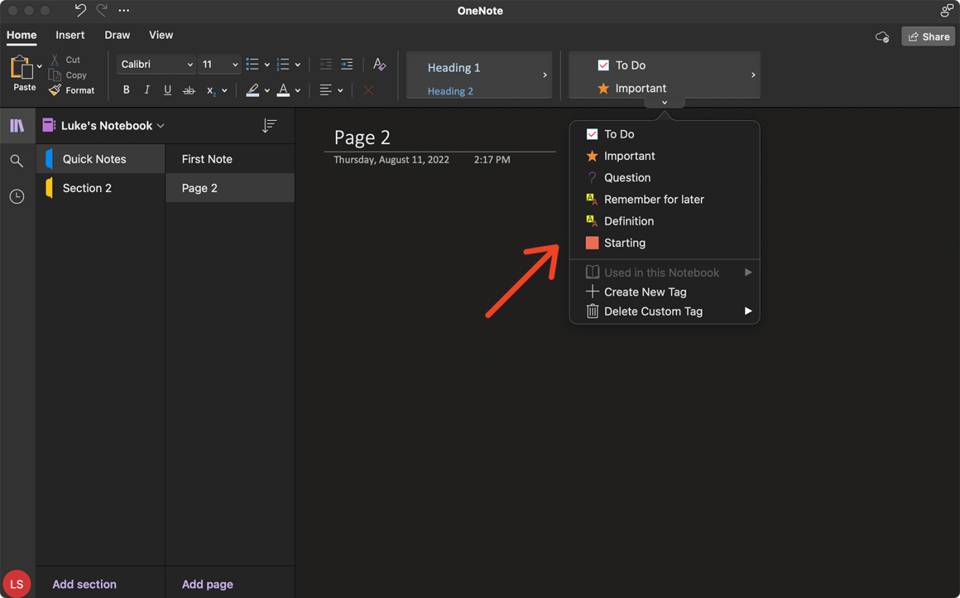 Screenshot of the author finding the tagging feature in OneNote by clicking a tiny arrow on the app's home tab