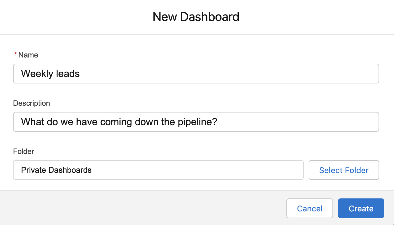 Screenshot of the screen naming your dashboard in Salesforce