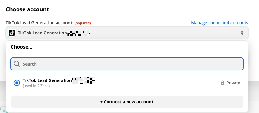 A screenshot of the trigger setup in Zapier, showing the TikTok Lead Generation account selected with a radio button from a dropdown.