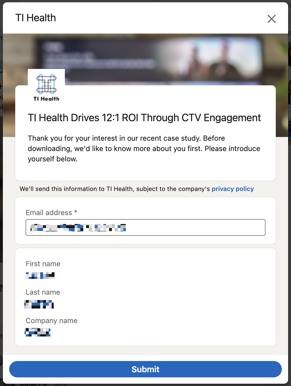 LinkedIn Lead Gen Form example from TI Health, with human-sounding language on the form