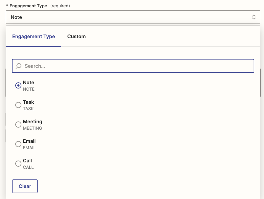 Select Note for the Engagement Type. 