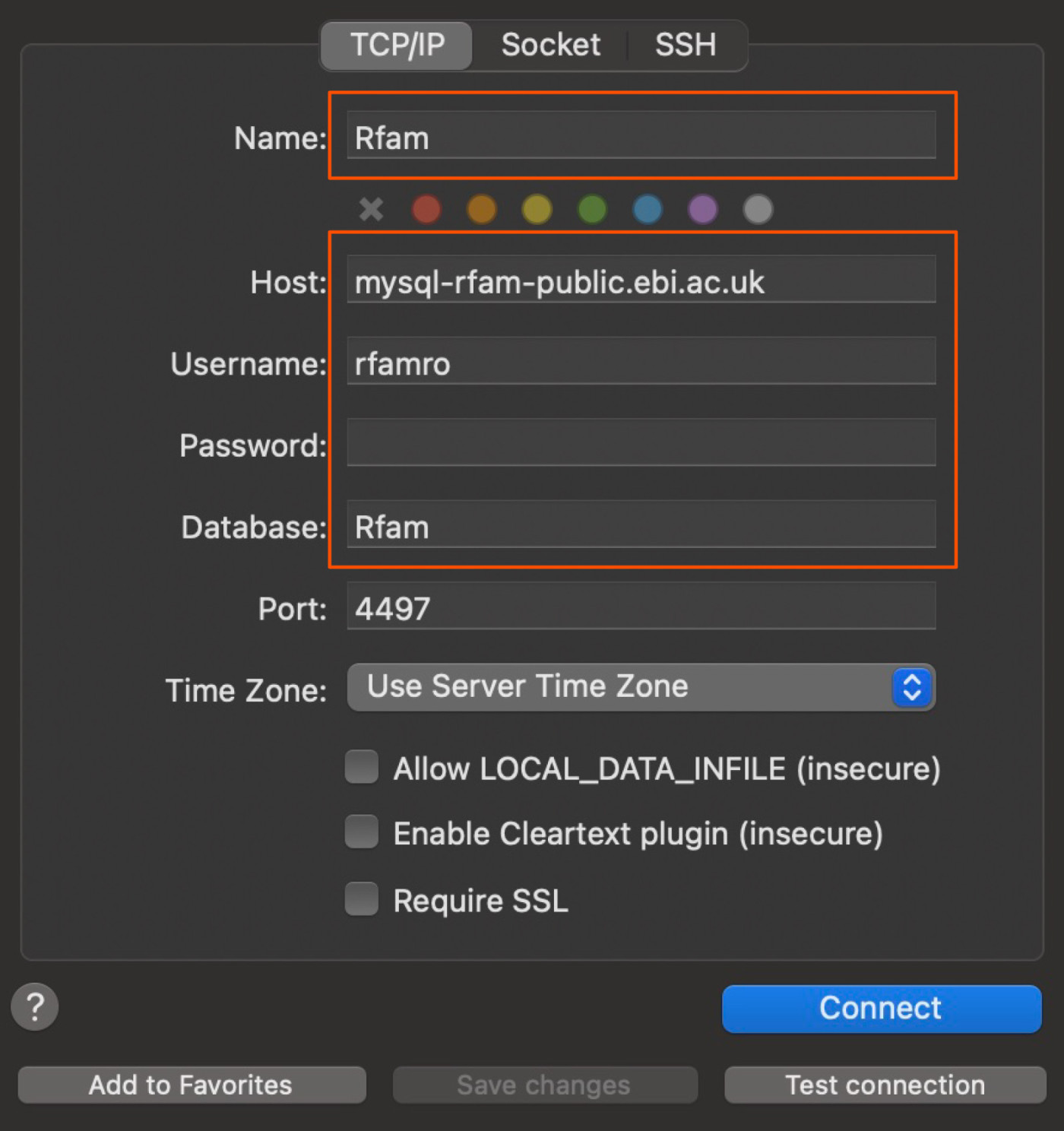 Screenshot showing how to type in connection information into Sequel Ace.