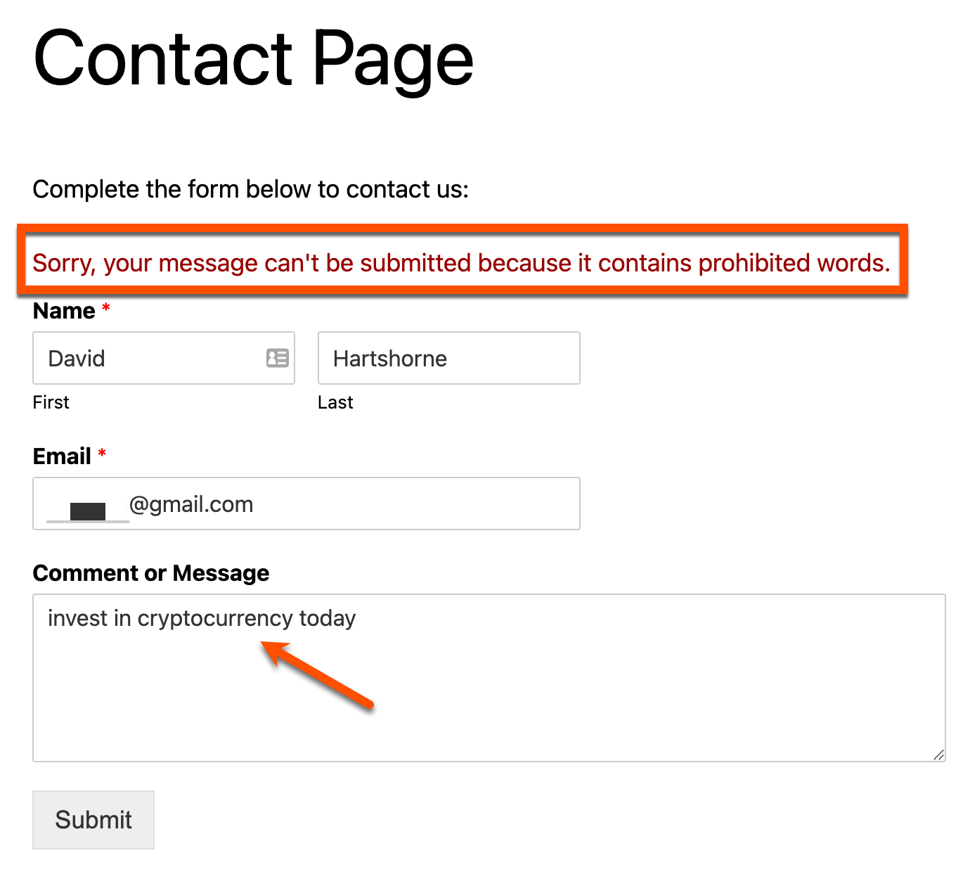 The message in WPForms that a form contains prohibited words