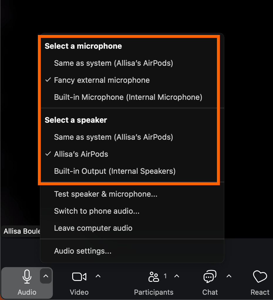 Screenshot of microphone options in Zoom call