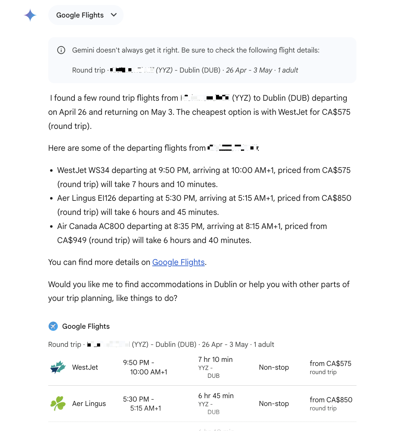 Real-time flight information pulled into a Gemini conversation using the Google Flights Gemini Extension.