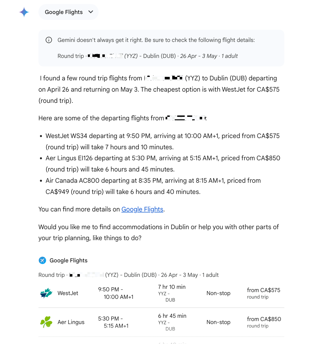 Real-time flight information pulled into a Gemini conversation using the Google Flights Gemini Extension.