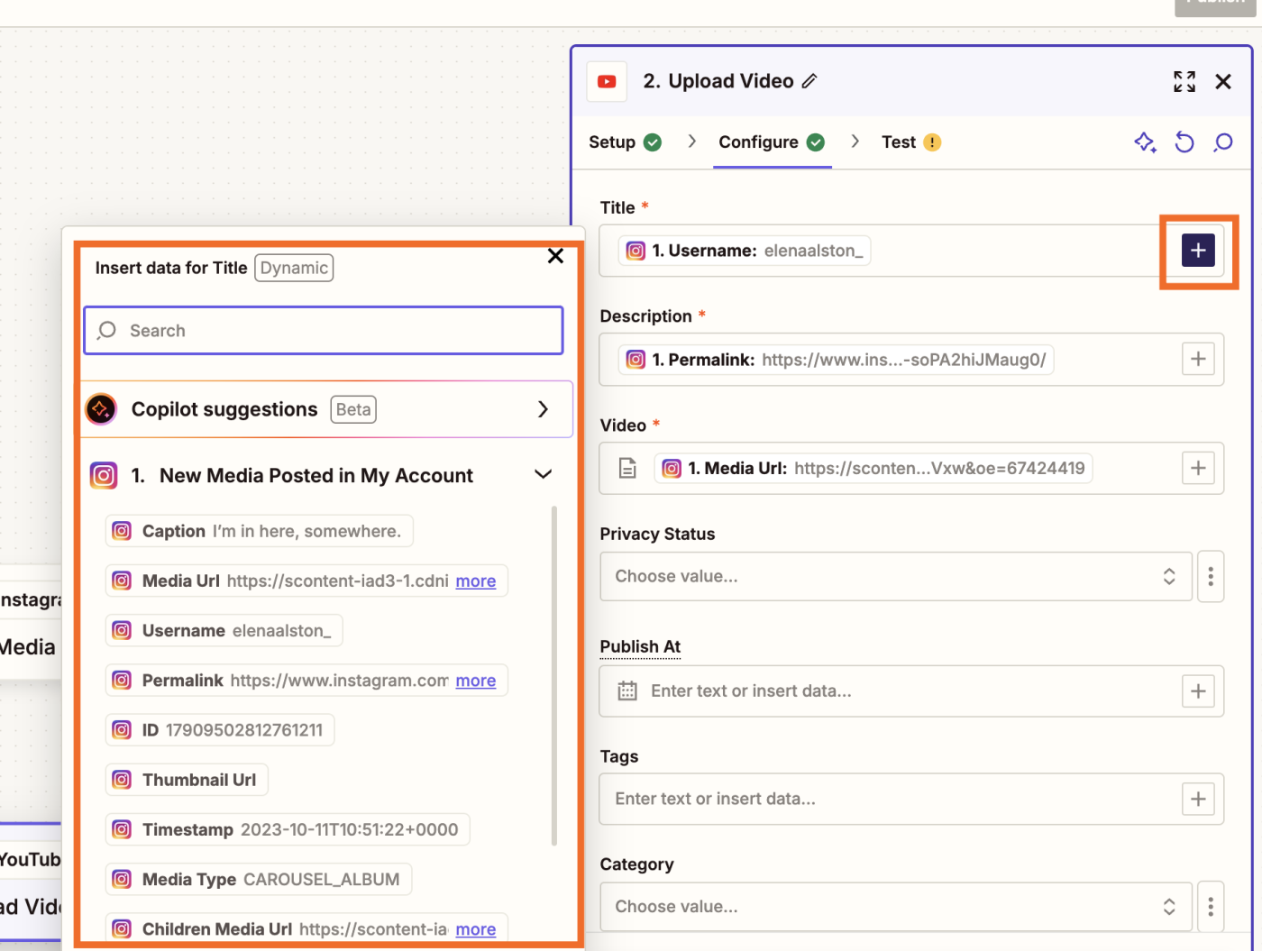 Screenshot of Instagram fields being mapped