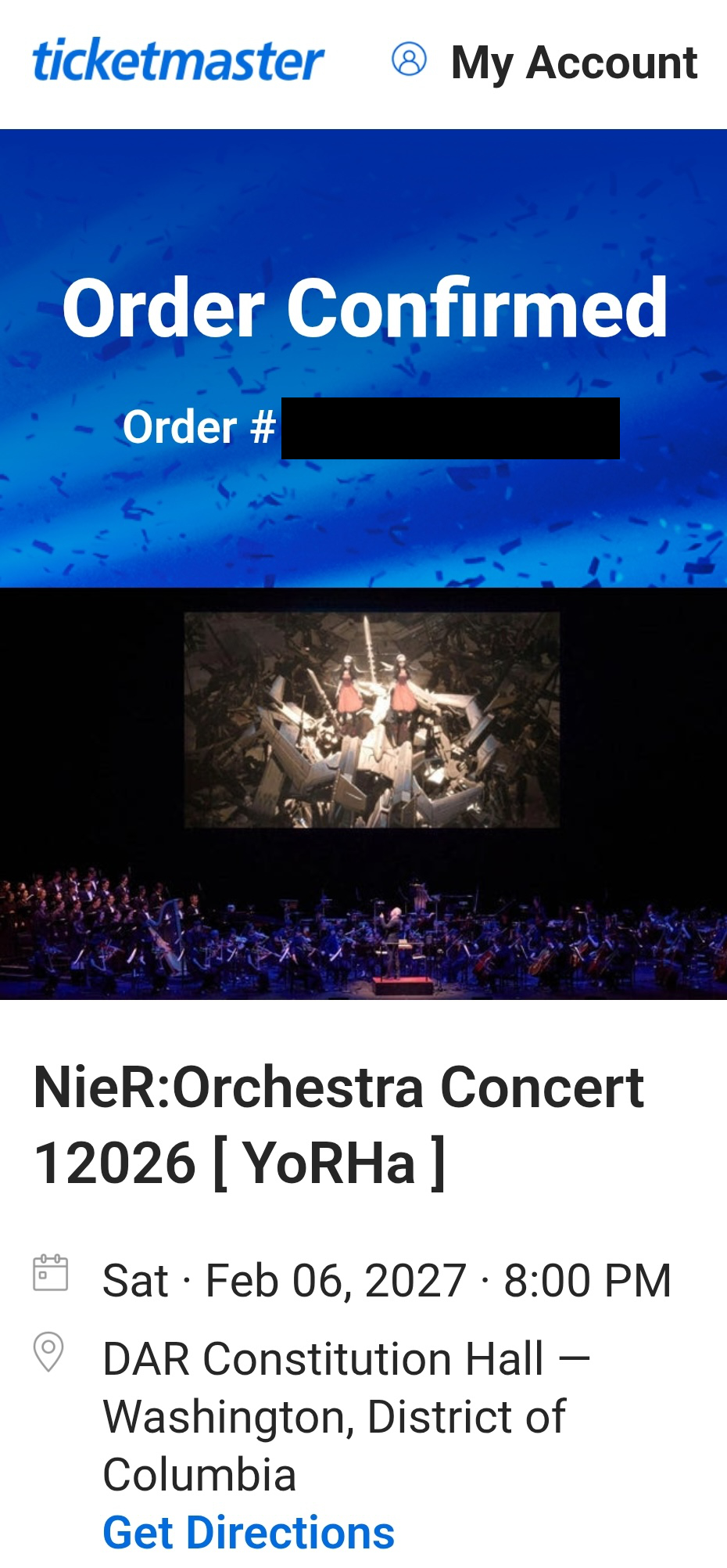 A confirmation email from Ticketmaster
