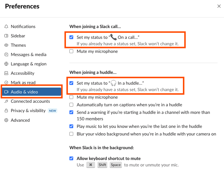 Other options menu in Slack preferences with set my status on a call checked