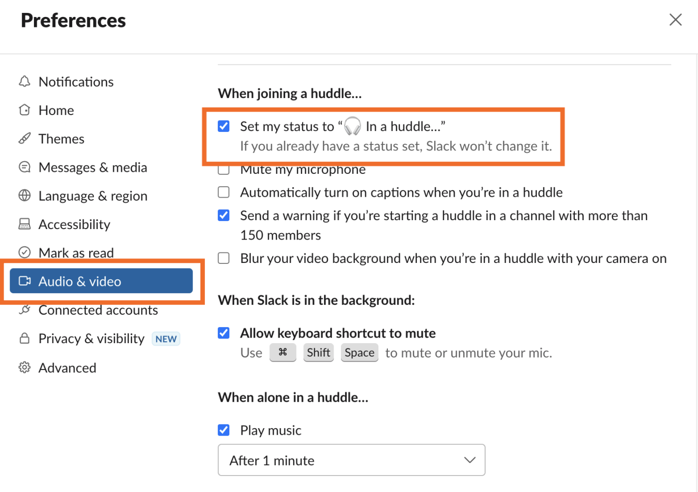 Other options menu in Slack preferences with set my status on a call checked