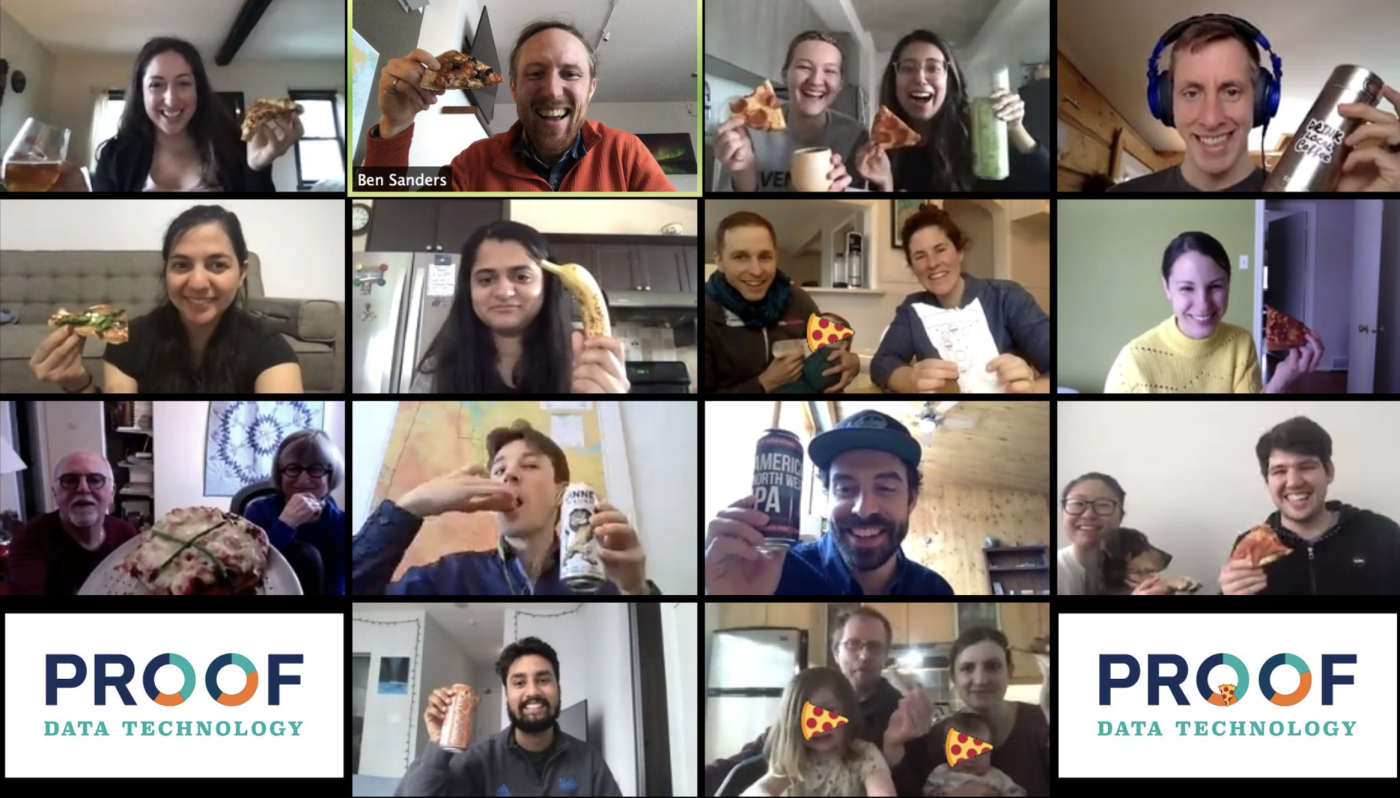The Proof team on Zoom with their pizza