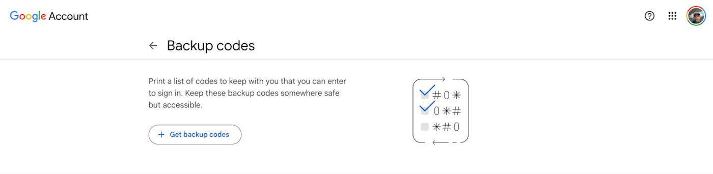 Example of backup codes for Google accounts.