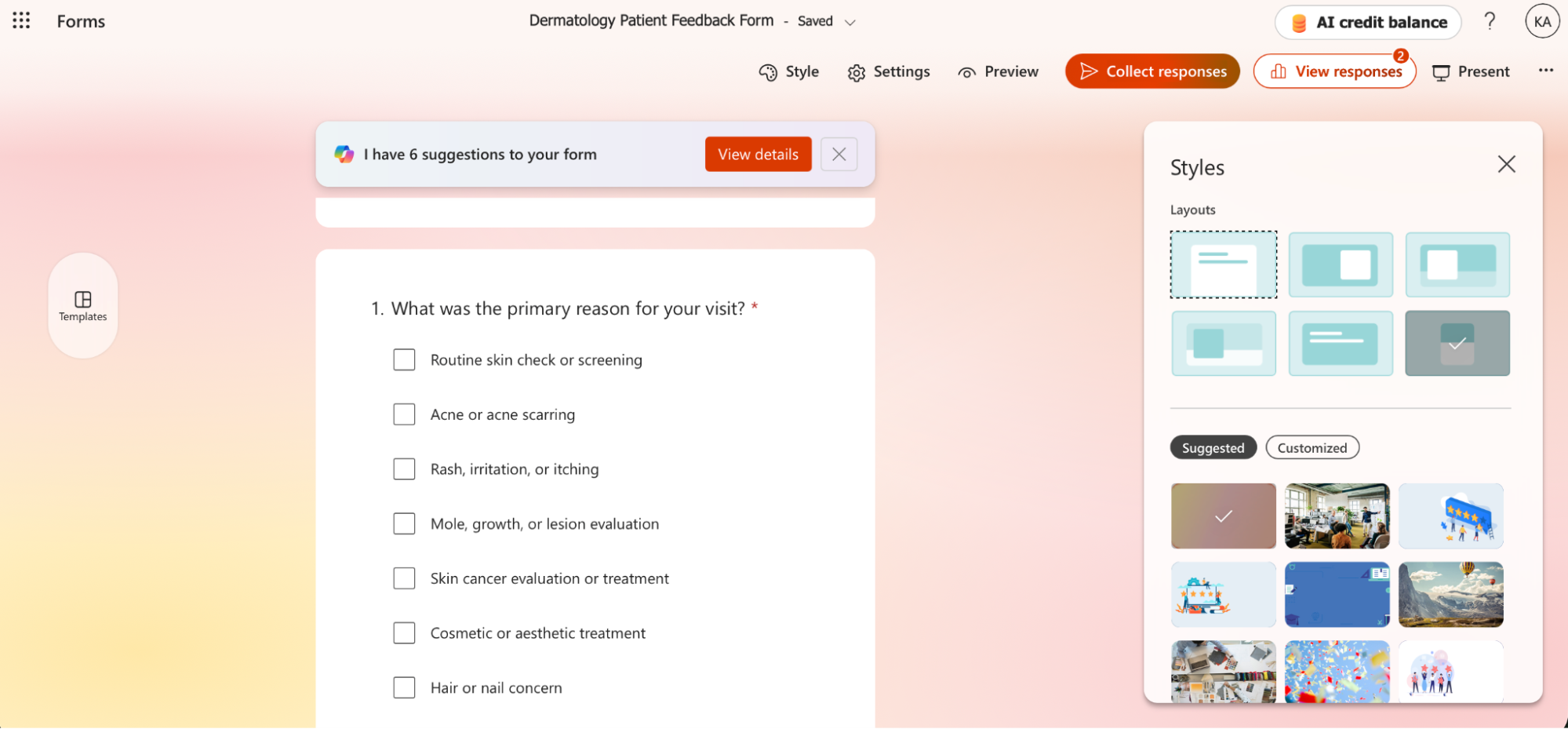 Screenshot of Microsoft Forms, our pick for the best online form builder for AI question suggestions and themes