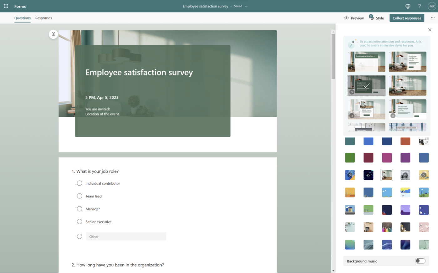 Captura de tela do Microsoft Forms, nossa escolha para o melhor construtor de formulários online para sugestões de perguntas e temas de IA