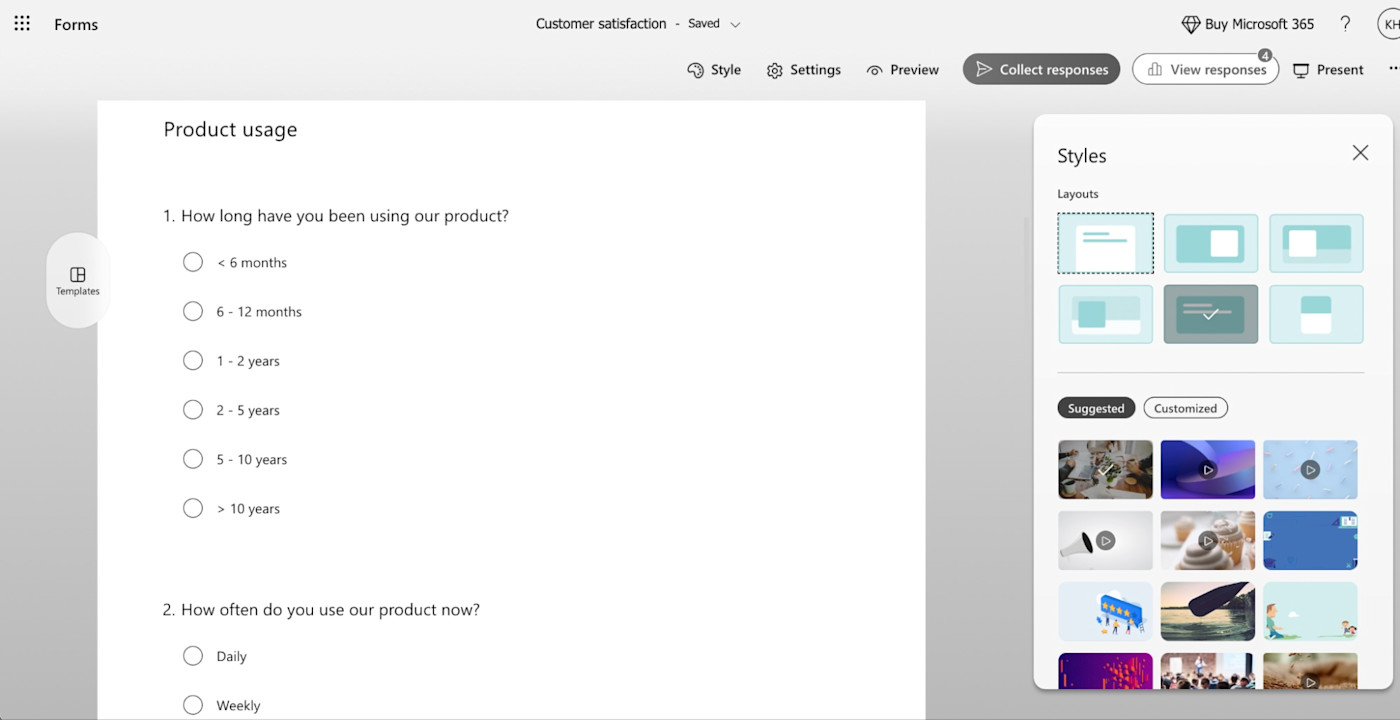 Screenshot of Microsoft Forms, our pick for the best online form builder for AI question suggestions and themes