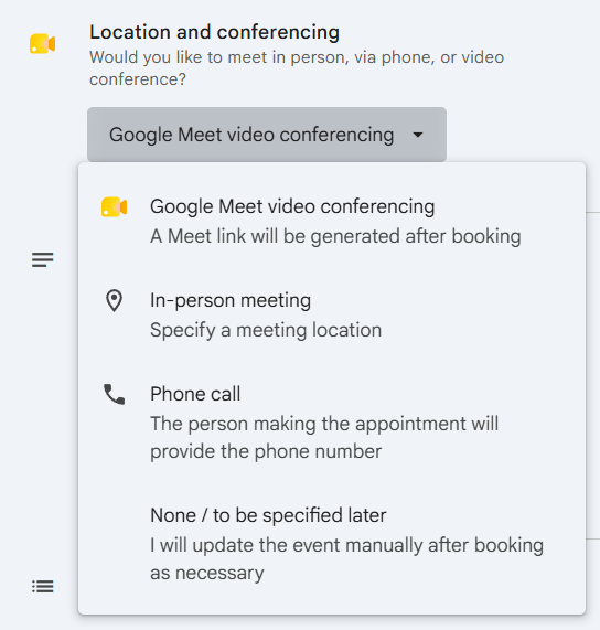 Dropdown of available Google Calendar meeting location options, including Google Meet, in-person location, phone call, and other location to be specified later.