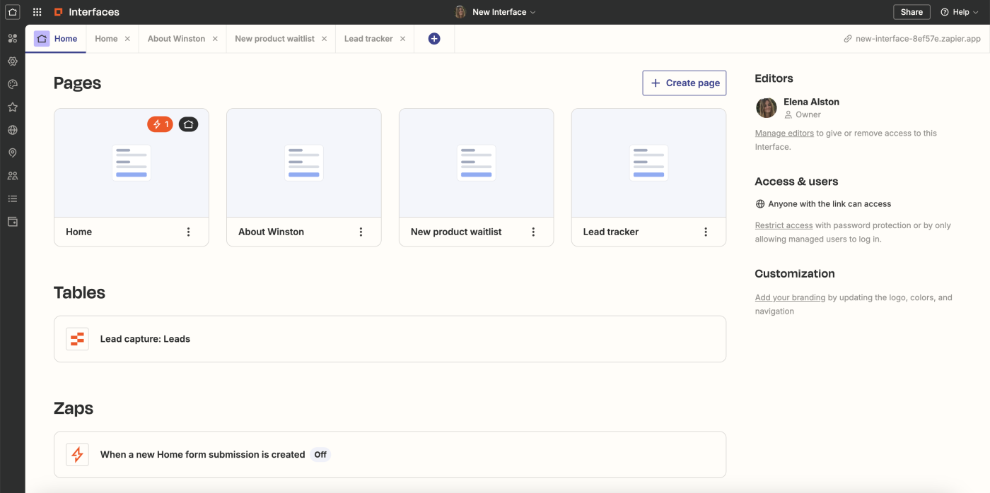 Screenshot of connected Zaps in an interface