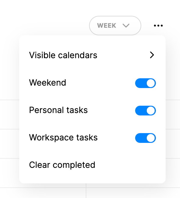 A context menu with the toggle-able choices Weekend, Personal tasks, and Workspace tasks (all toggled on), plus a command to Clear completed