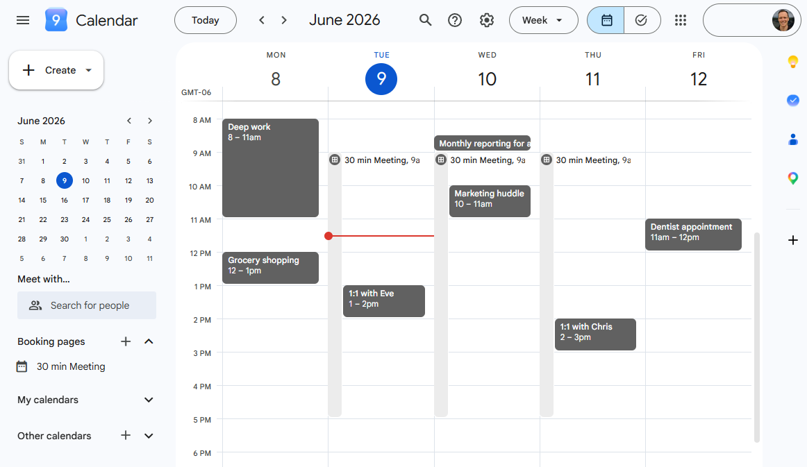 Week view of Google Calendar which shows all scheduled meetings and the user's remaining availability. 
