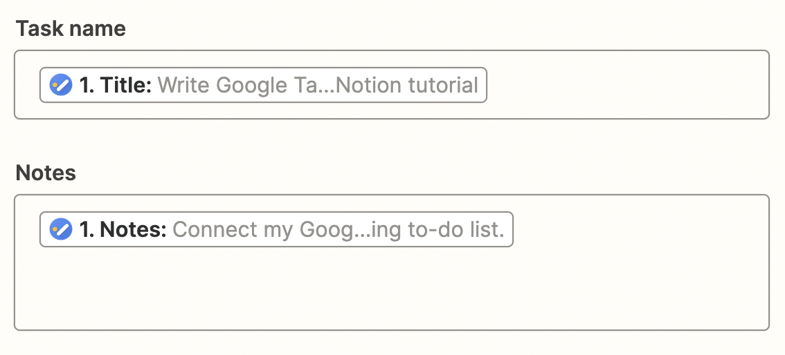 Notion database fields are shown with Google Tasks data added in each one.