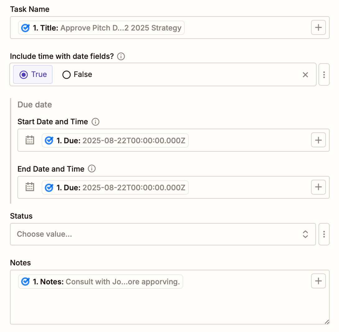 Notion database fields are shown with Google Tasks data added in each one.