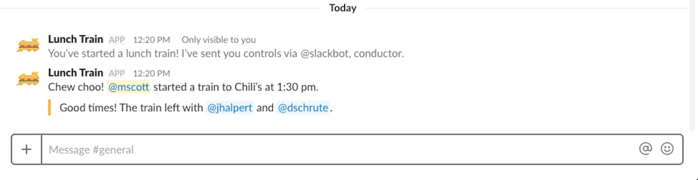 LunchTrain Slack app screenshot