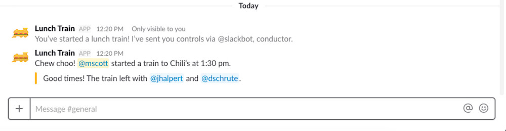 LunchTrain Slack app screenshot