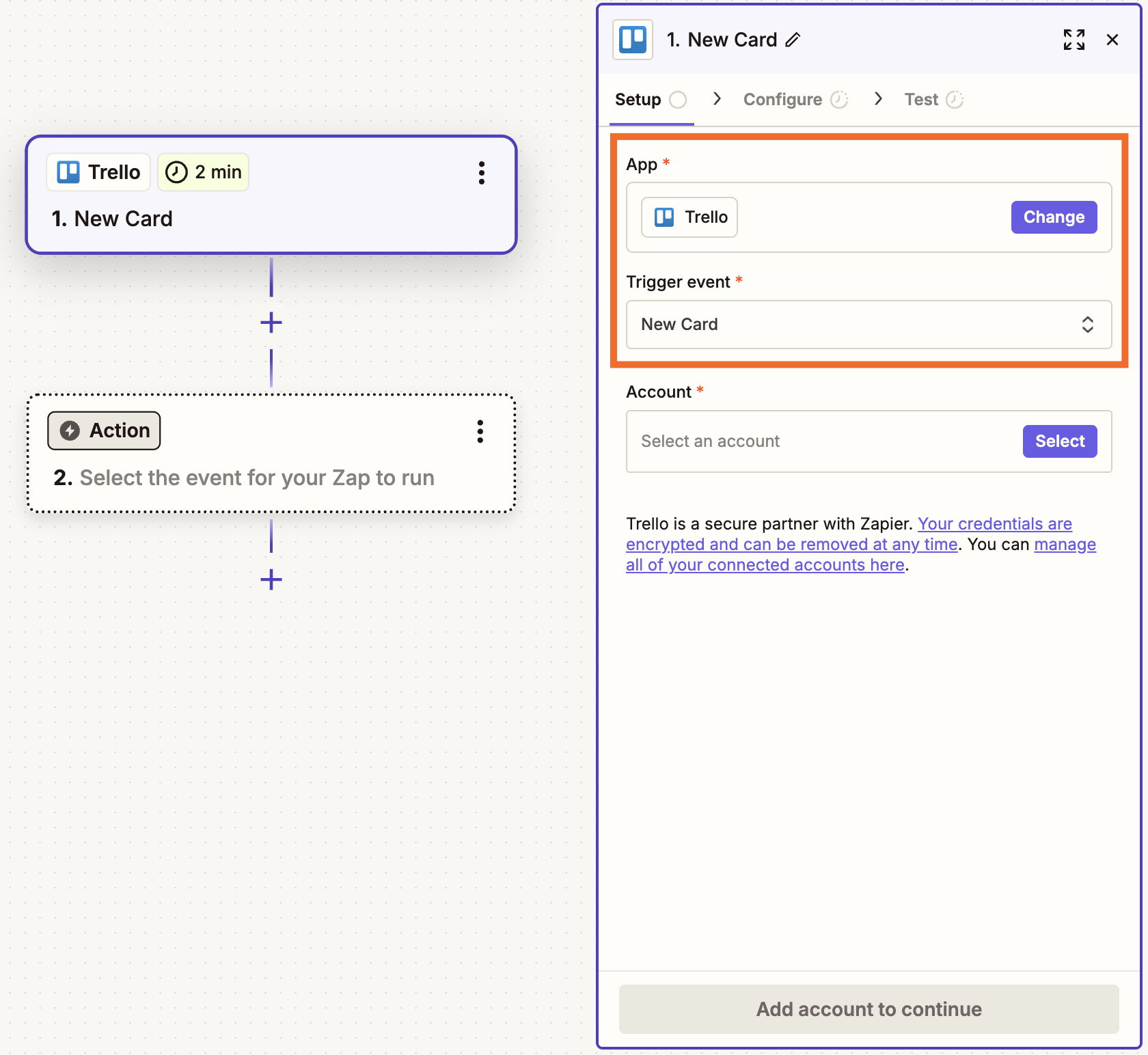 Zapier workflow setup showing Trello trigger New Card with account selection option