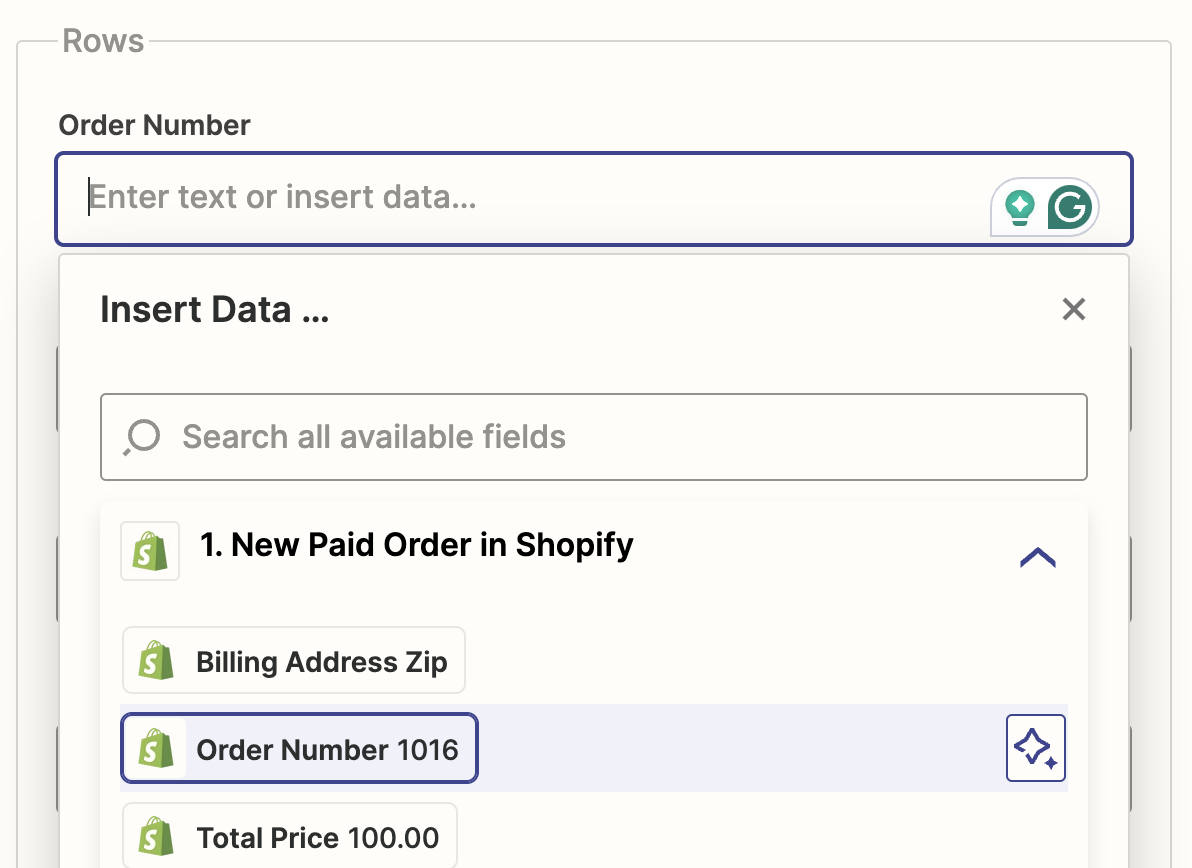 Click on the "Order Number" dropdown to choose data from the previous step in the Zap