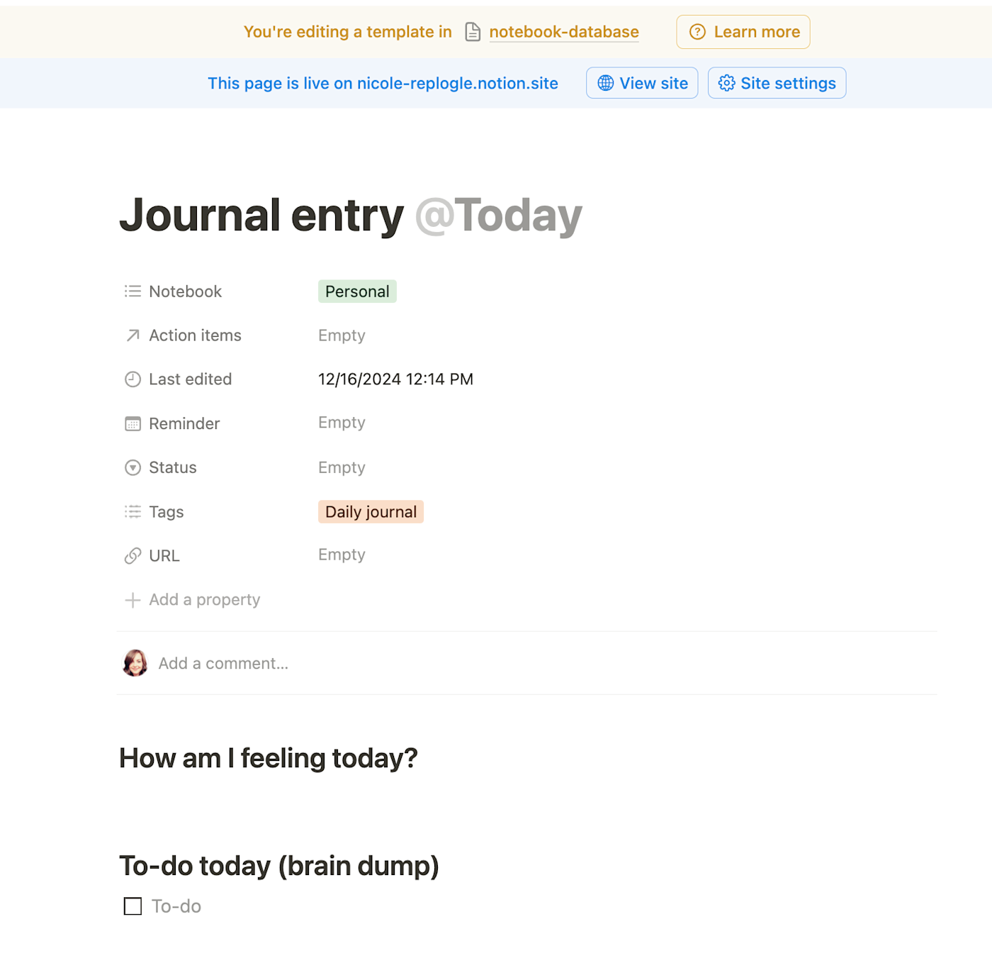 A journal entry template in the Notion notes database.