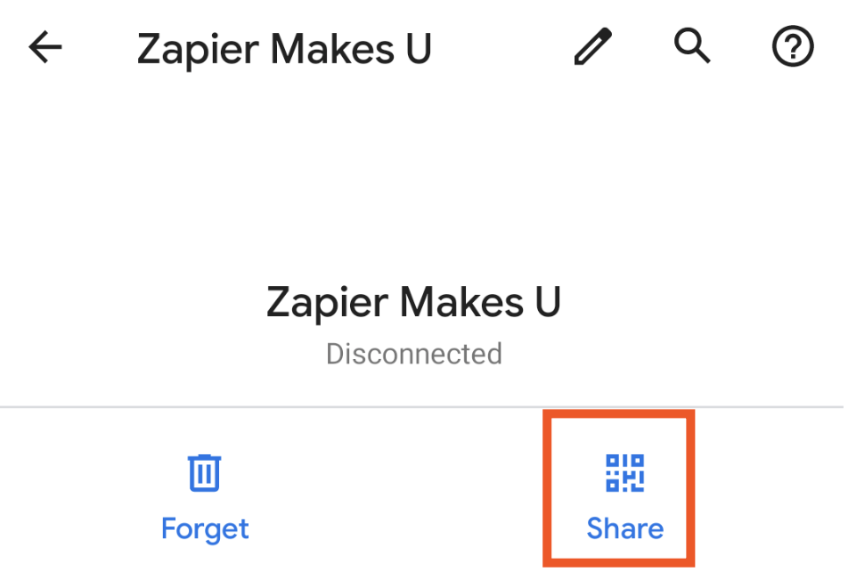 Portion of the Wi-Fi settings display for a network named "Zapier Makes U." There's a box surrounding a QR code with text underneath the code that reads "Share." 