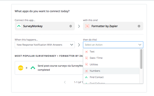 Selecting SurveyMonkey and Formatter by Zapier, and the trigger and action steps.
