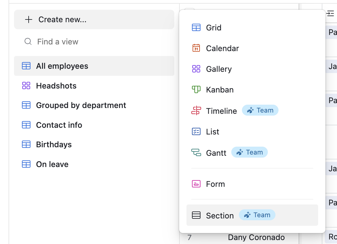 The list of Airtable views to choose from when creating a new view