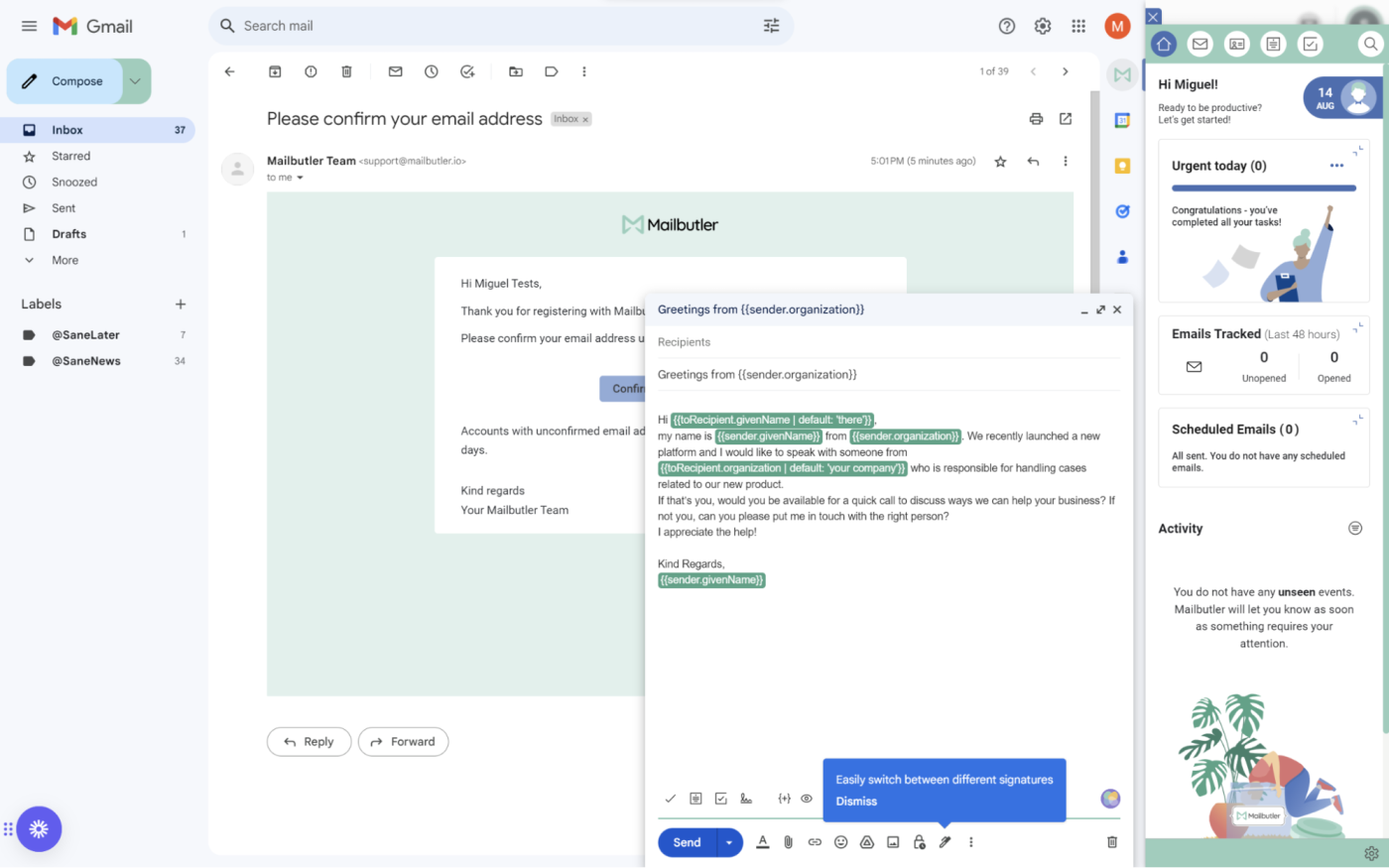 Mailbutler, our pick for the best AI email assistant for gathering contact details and tasks