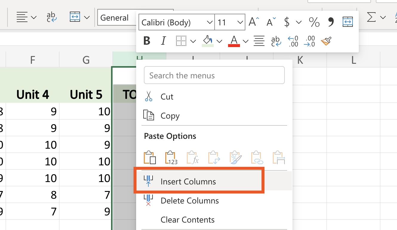 How to insert columns in Excel.