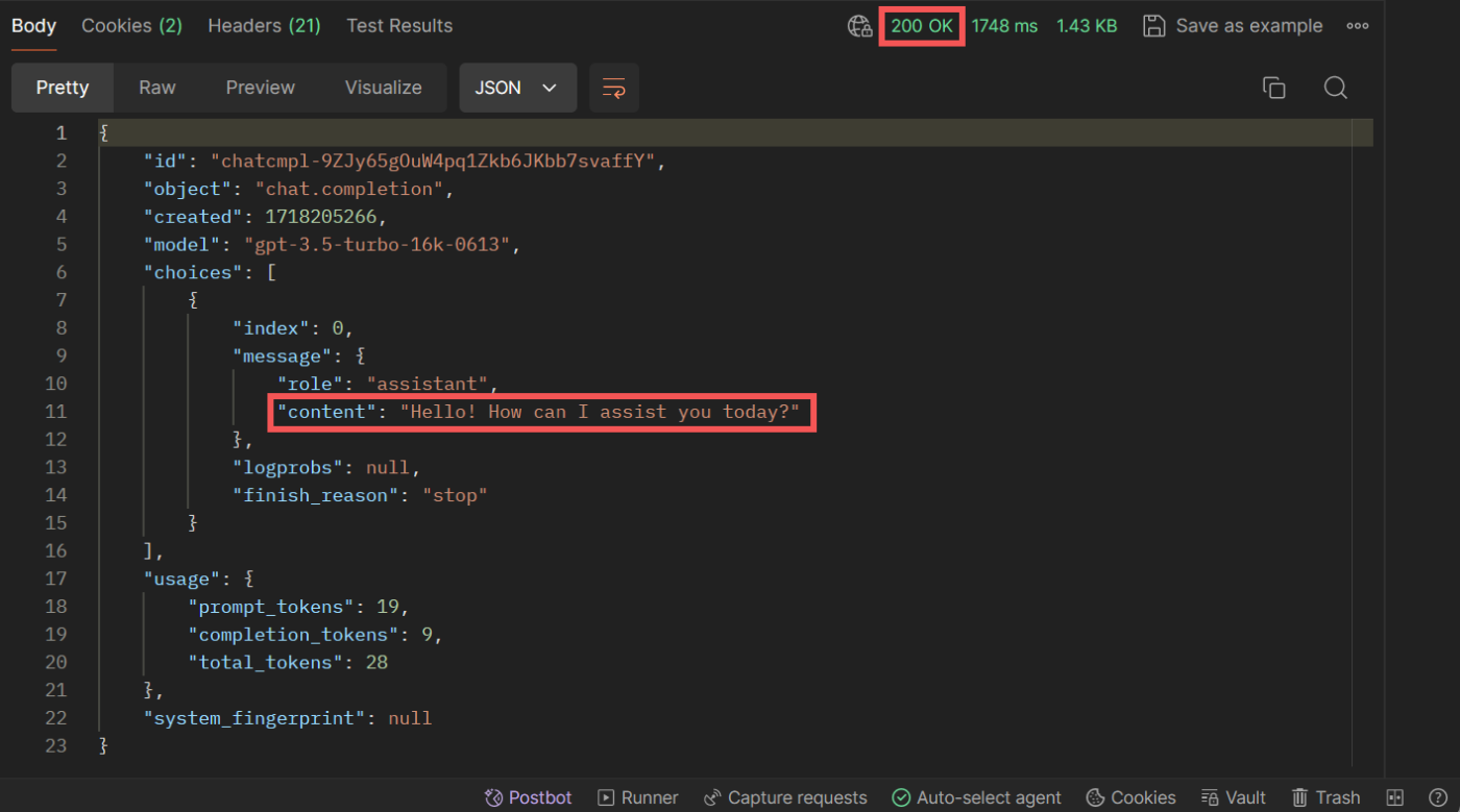 The 200 OK response from the OpenAI API