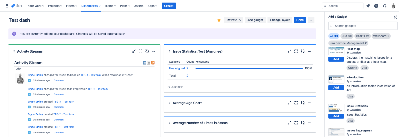 Screenshot of Jira's dashboard, with the activity stream on the left, issue statistics in the middle, and gadget options on the right 