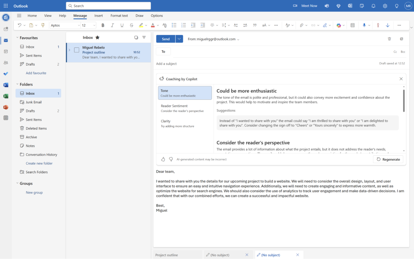 Microsoft Copilot Pro for Outlook, our pick for the best AI email assistant for improving communication