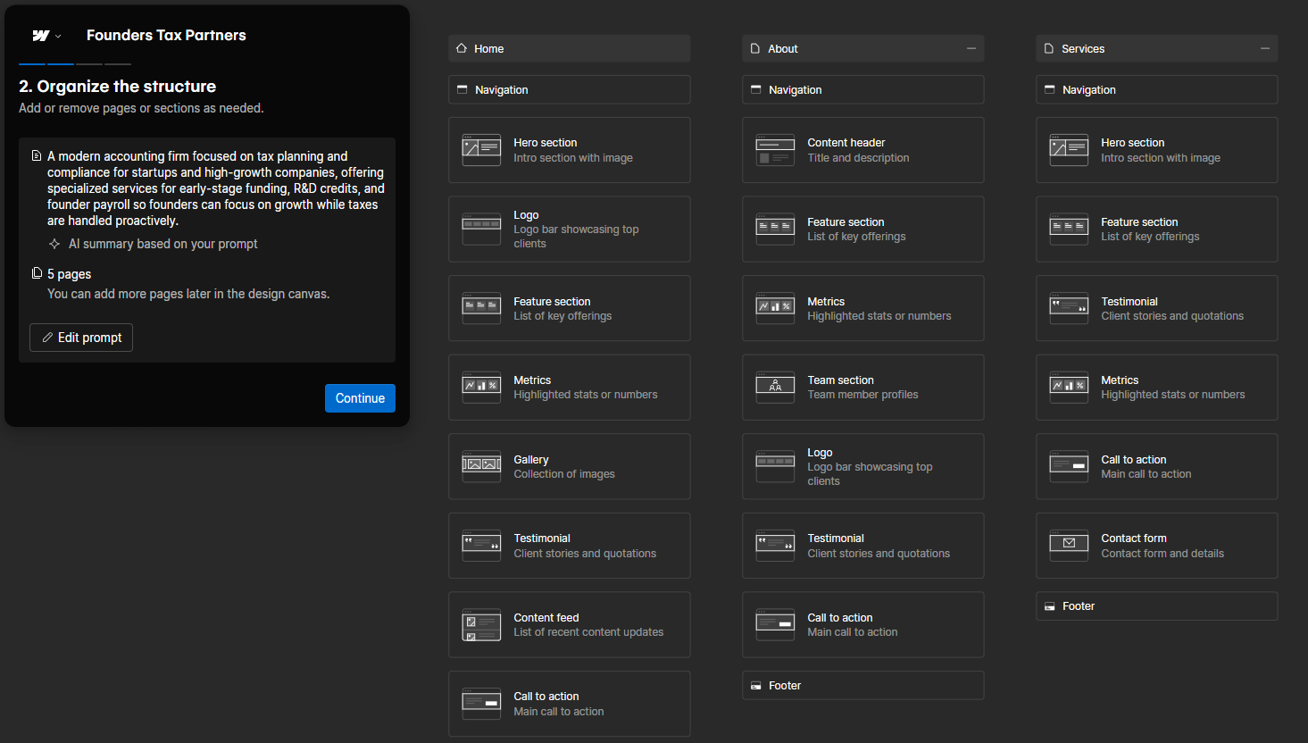 Webflow's AI site builder walking through site structure, sections, and theme