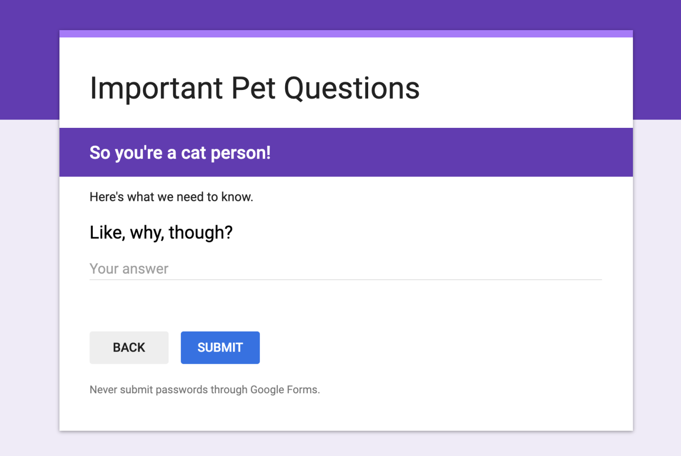 Preview of one section of a Google Forms survey which indicates how the form would appear for the survey taker. 