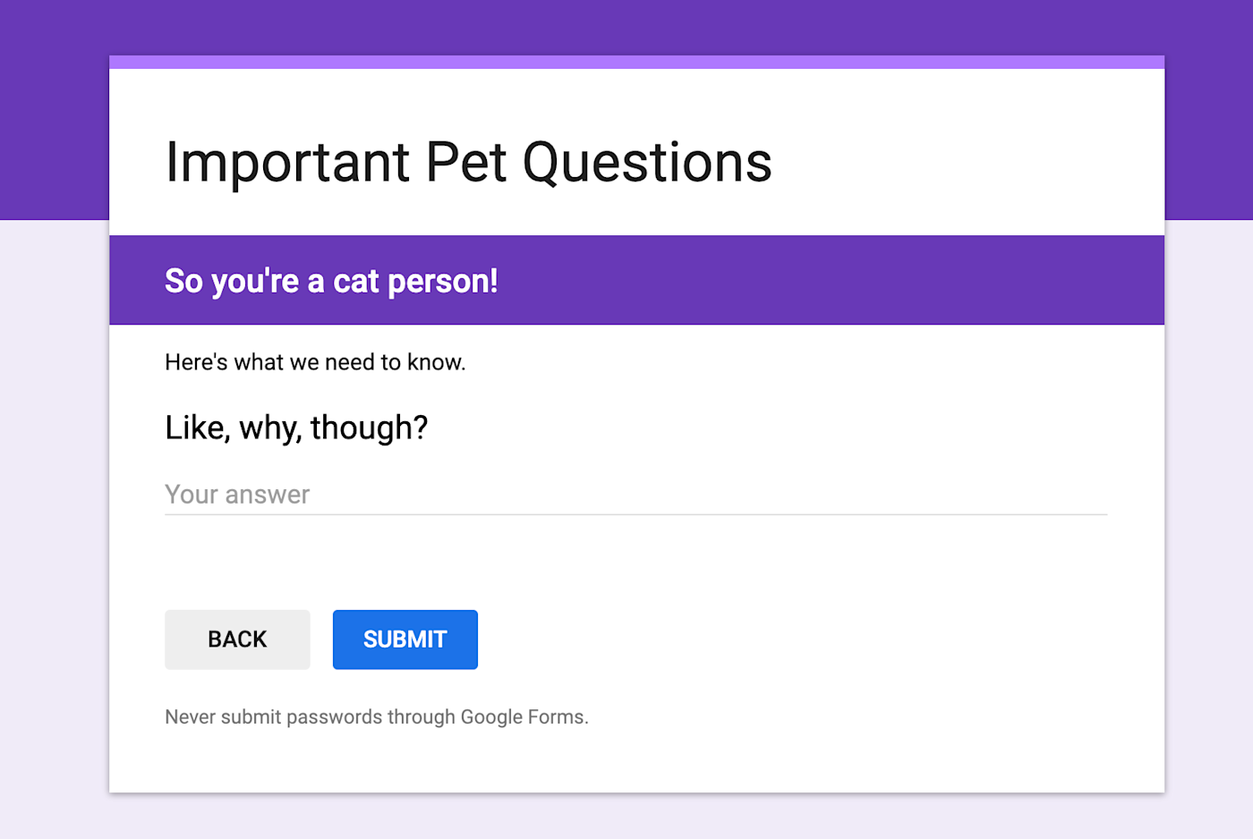 Preview of one section of a Google Forms survey which indicates how the form would appear for the survey taker. 