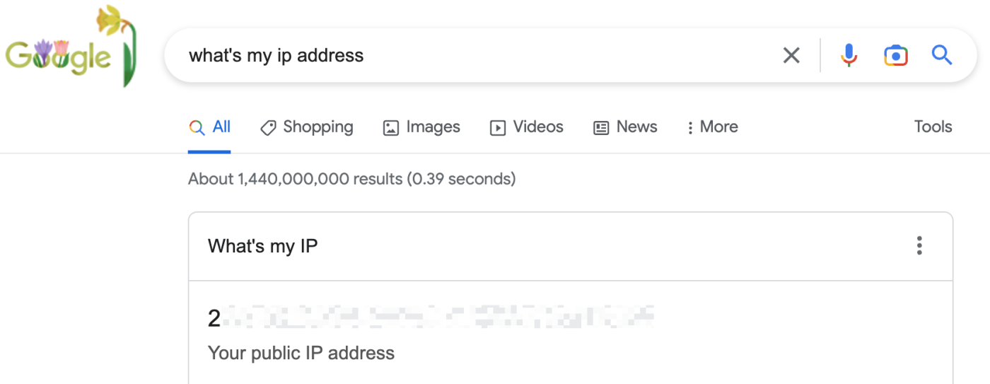 A blurred out public IP address at the top of a Google Search results page with the words what's my I P address in the search bar.